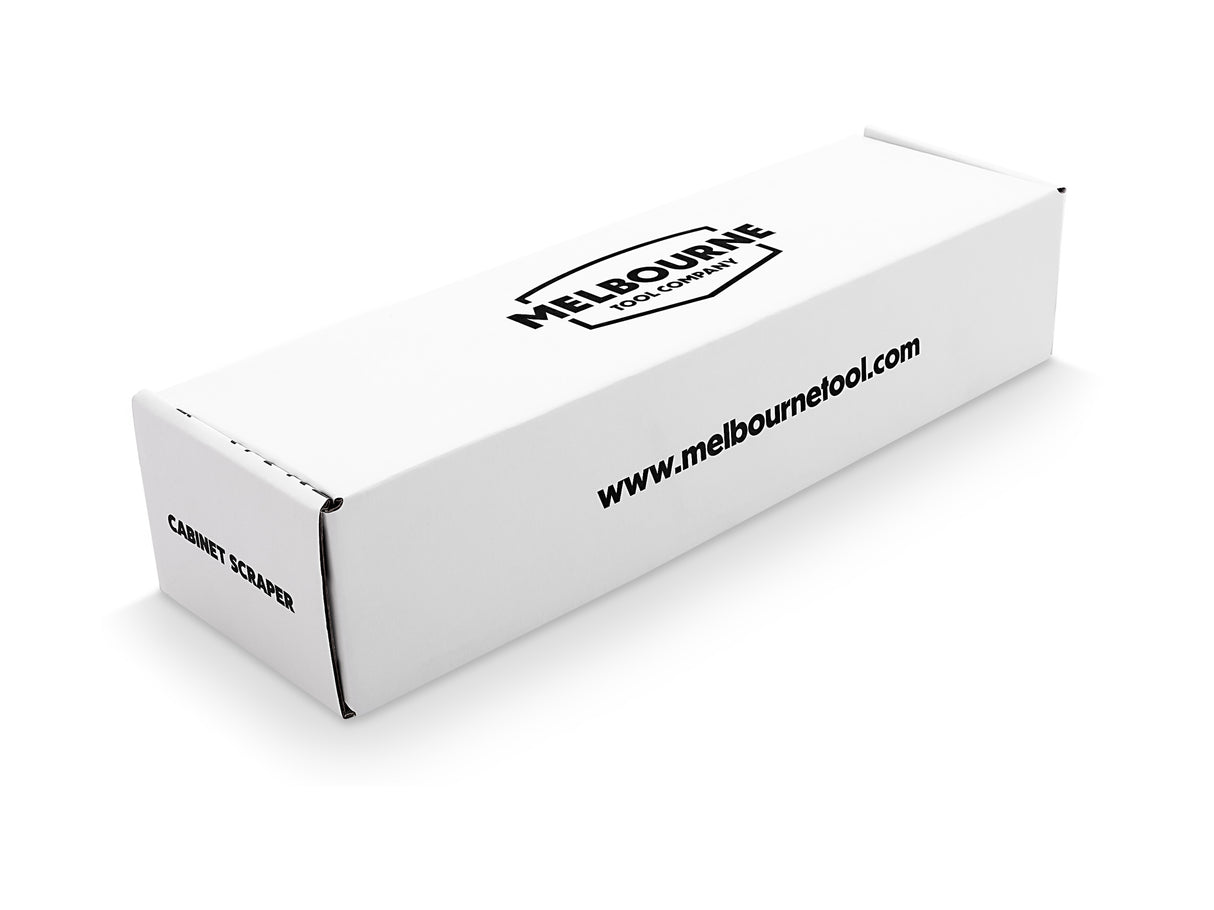 Melbourne Tool Company Cabinet Scraper - Ergonomic handles, carbon steel blade in action on wood surface