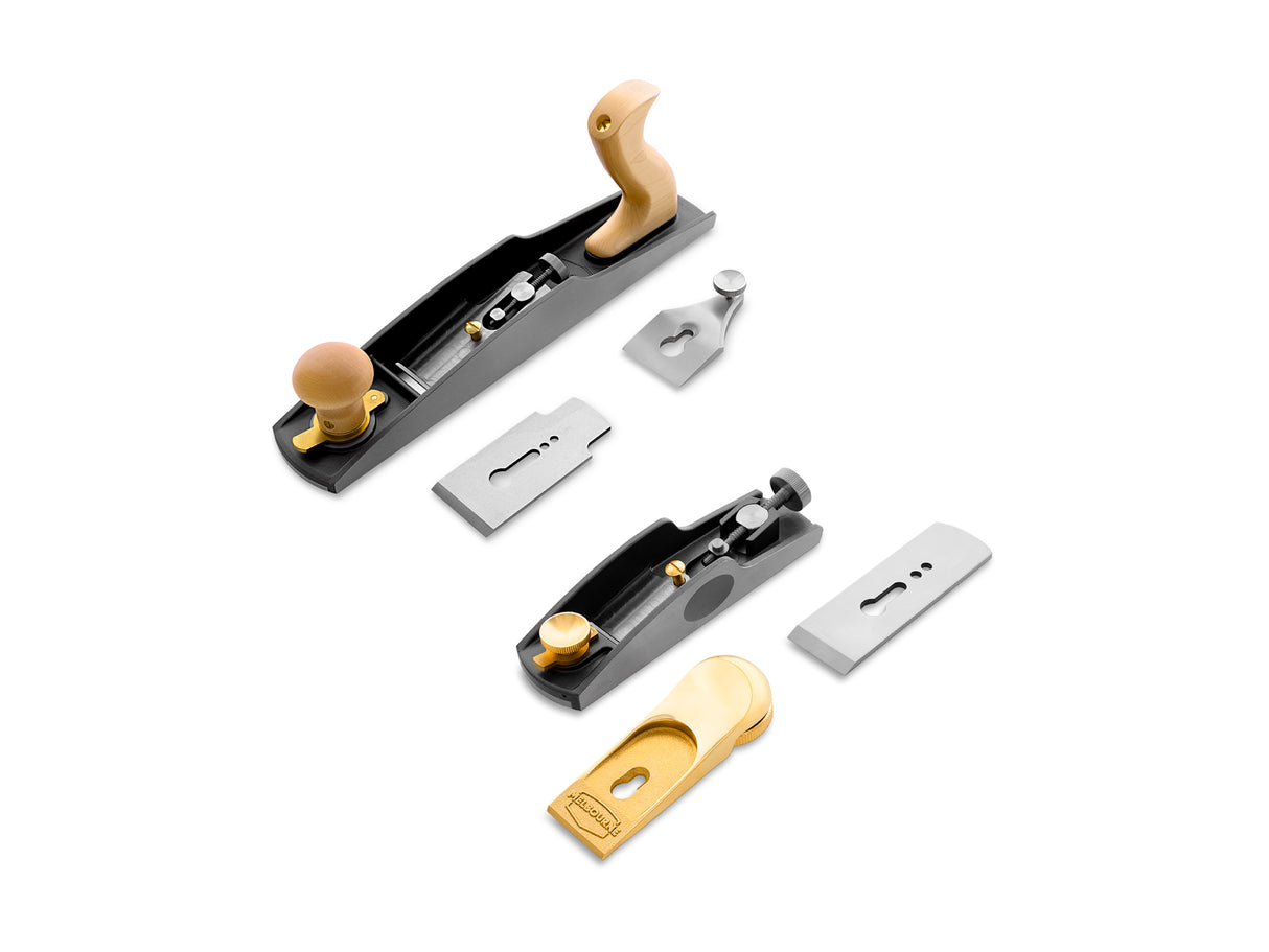 Melbourne Tool Company Low Angle Block & Jack Plane Set - Close-up view showing precision hand planes in woodworking kit