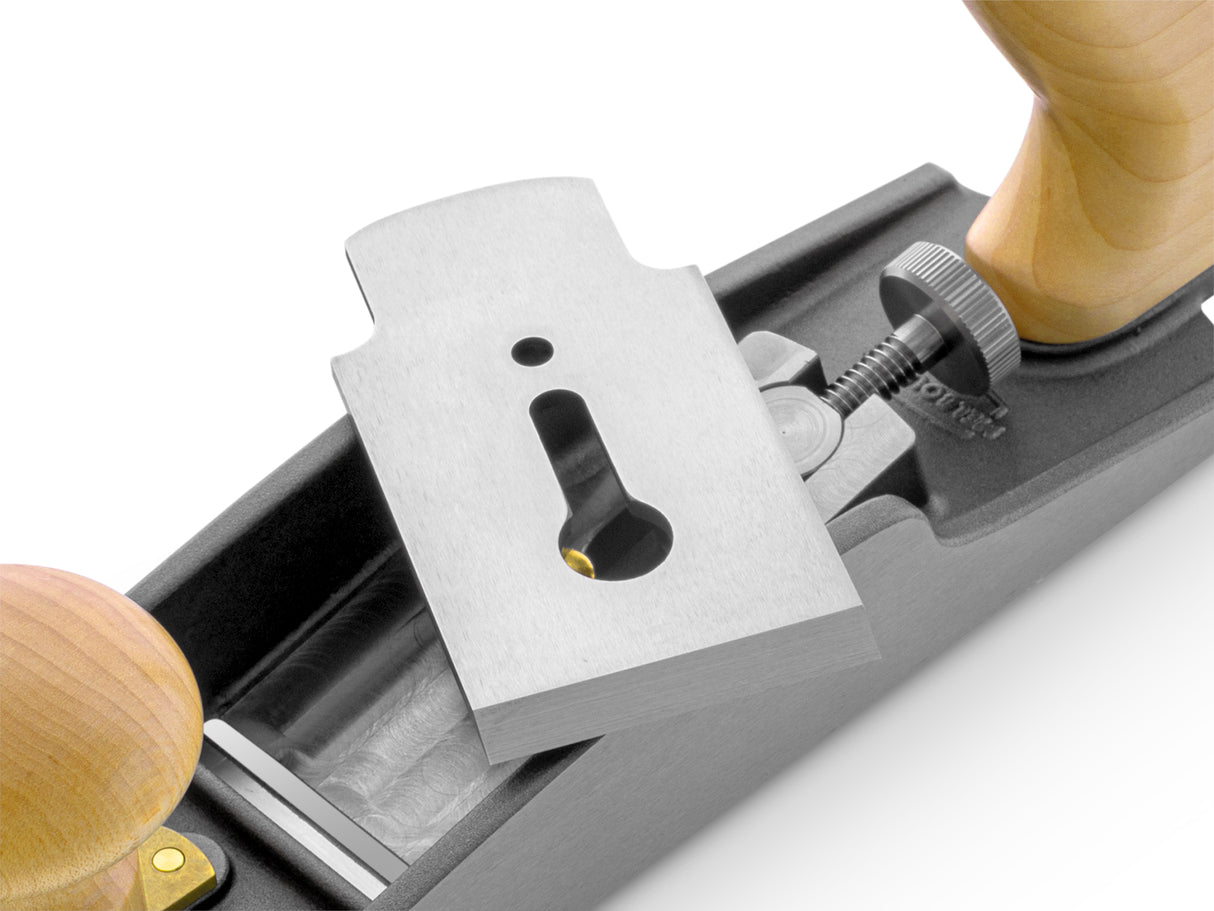 Melbourne Tool Company Low Angle Smoothing Plane with Additional Blades in black colour on workbench