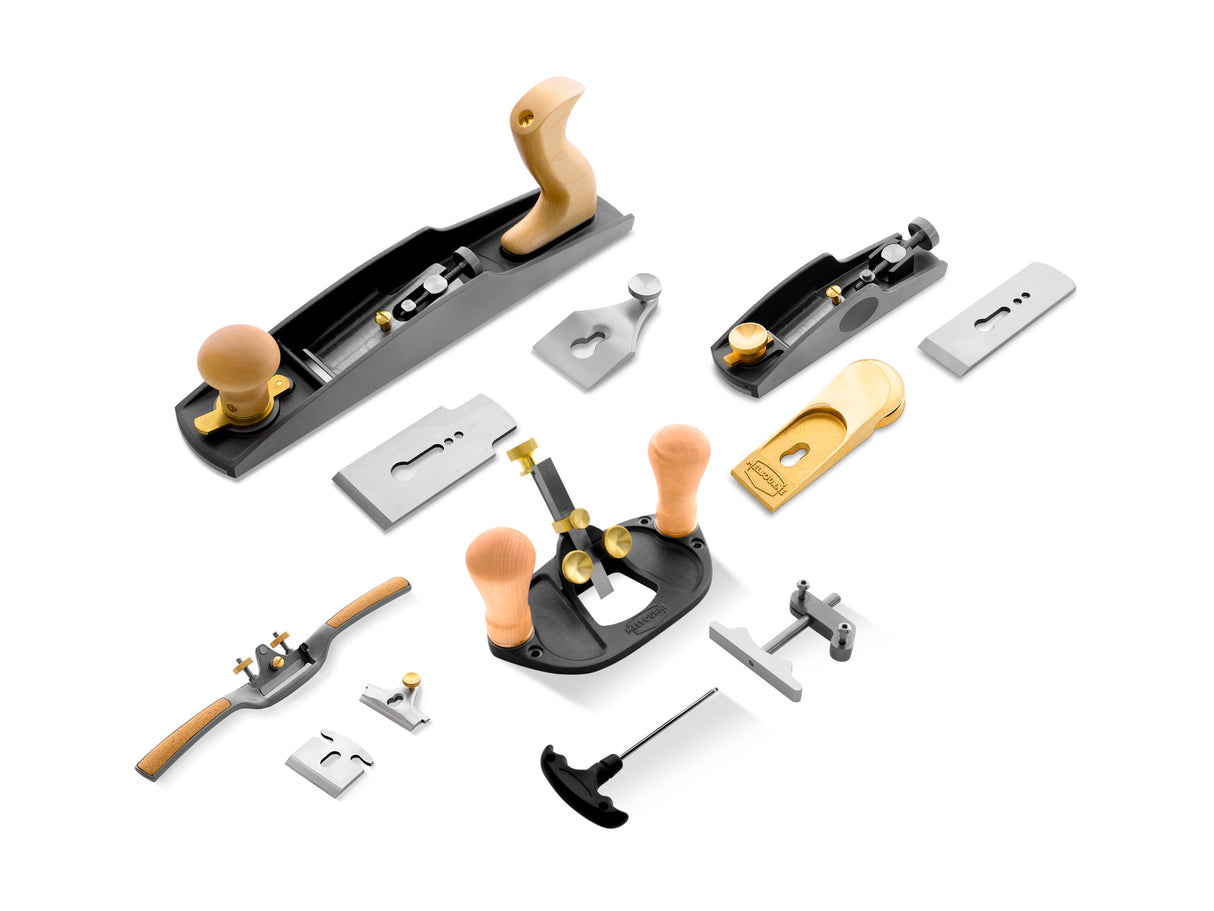 Melbourne Tool Company Set of Nine Hand Planes & Tools in Deluxe Kit, view of multiple woodworking tools and blades