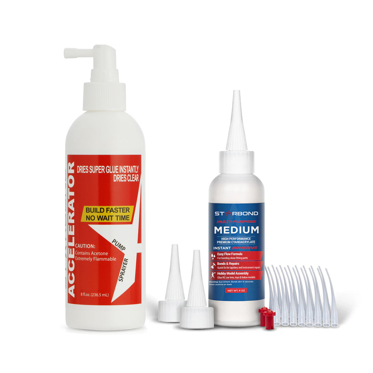 Starbond 4oz Medium CA Super Glue and 8oz Pump Accelerator Bundle - Close-up of glue bottle with accelerator pump