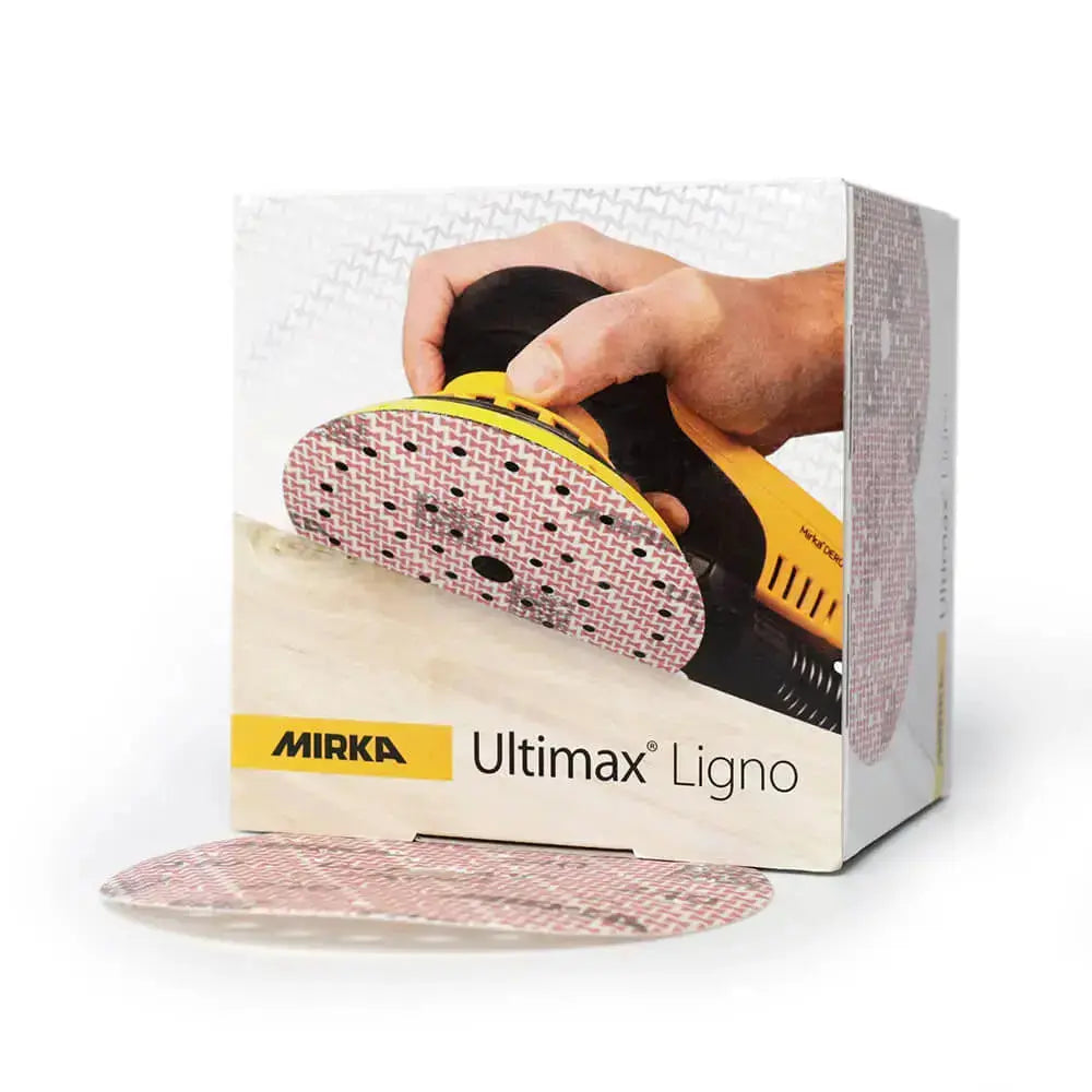 Mirka Ultimax Ligno Wood Sanding Discs 150mm Mixed Coarse Pack of 100, showcasing various grit options for wood sanding