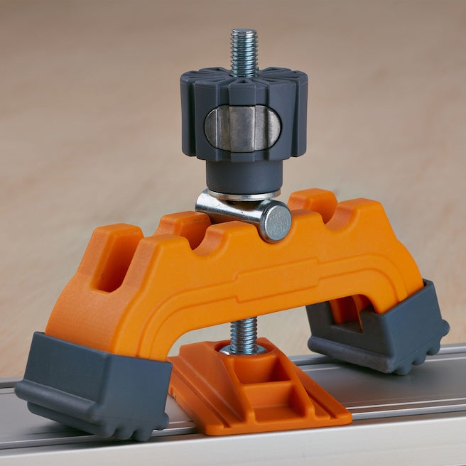 BORA NGX Track Clamp Pair attached to WTX or NGX Clamp Edge guide for precise angle cutting