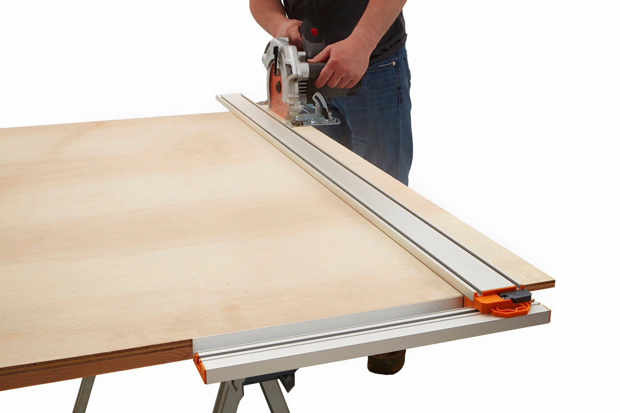 BORA NGX T-Square Accessory for Clamp Edge Saw Guide in use on woodworking material