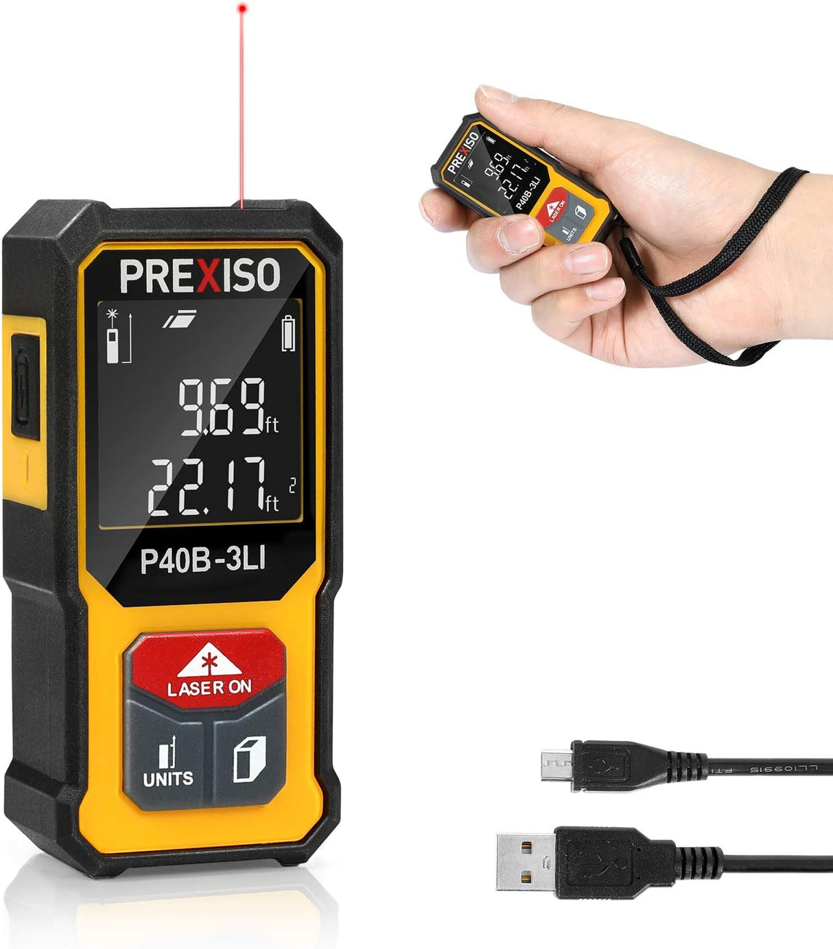 Compact Prexiso Mini Laser Measure in sturdy ABS material, perfect for hand-held measurements