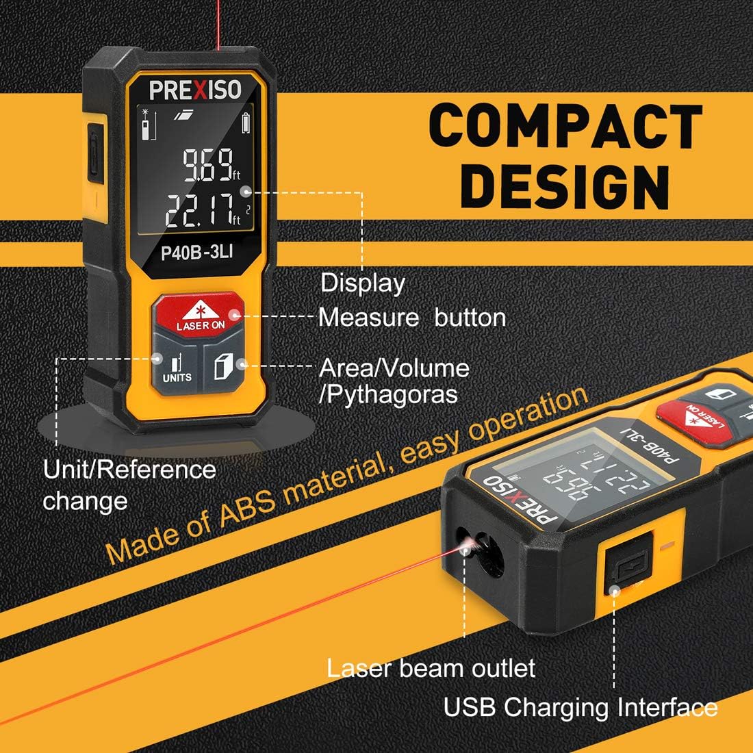 Small and compact Prexiso Mini Laser Measure with easy grip, ideal for precise measurements in metric and imperial units