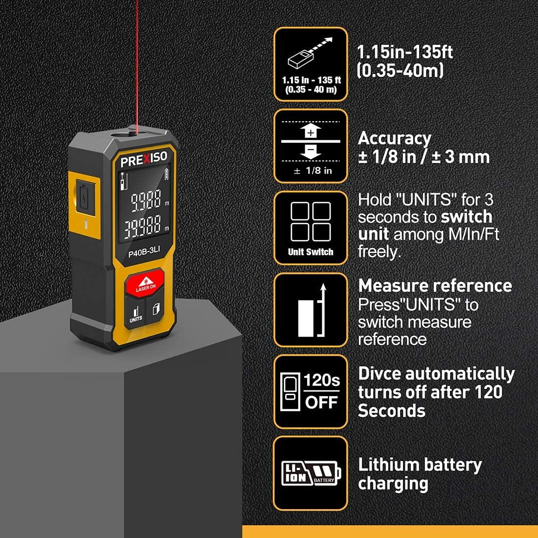 Prexiso Mini Laser Measure 40m Metric/Imperial Rechargeable in use for accurate measurements