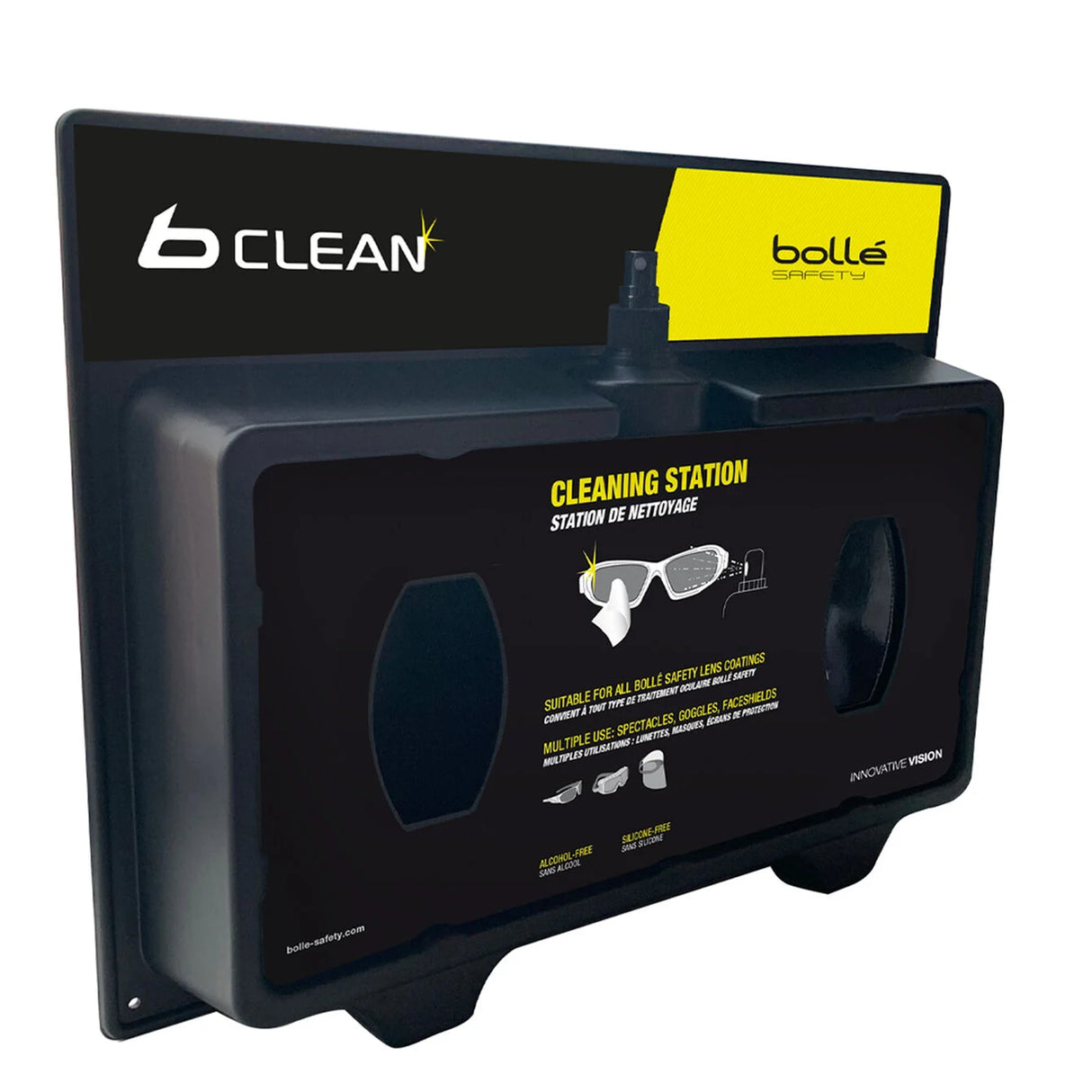 Bolle Safety Glasses Cleaning Station Wall Mounted with Lens Cleaner and Tissues in wall-mounted storage solution