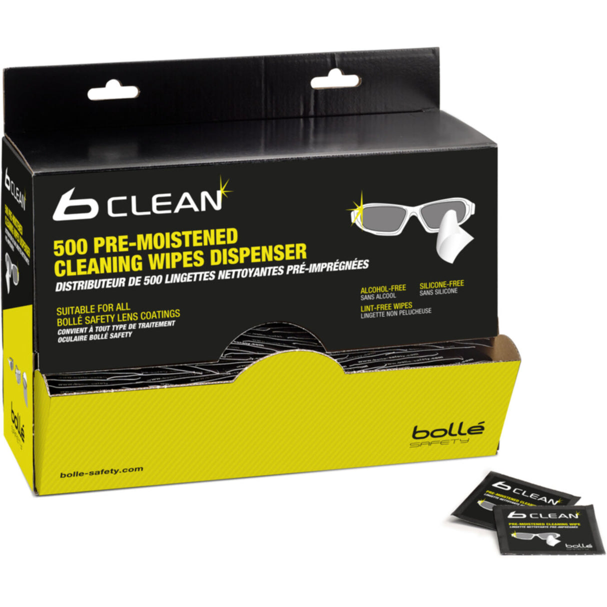 Bolle Safety B-CLEAN Glasses Cleaning Wipes Dispenser, pre-moistened, pack of 500 individually wrapped wipes