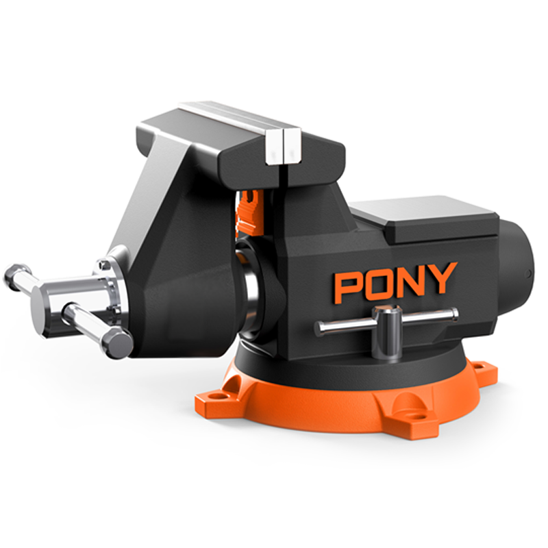 Pony bench vise with black and orange design on a white background