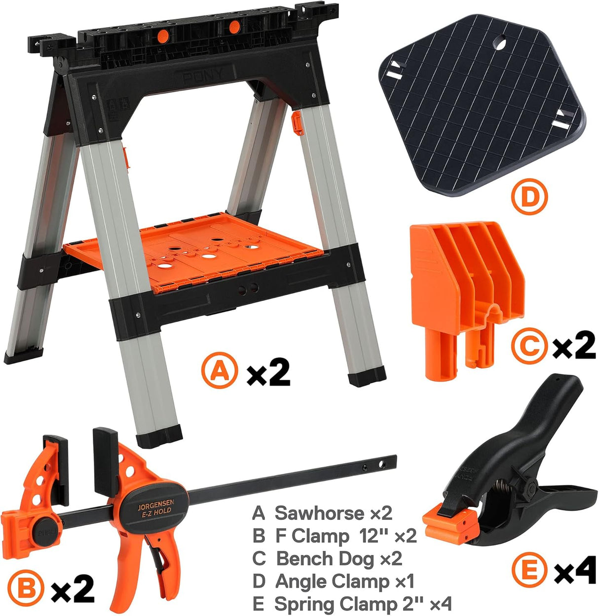 Pony Jorgensen 2-Piece Clamping Sawhorse with Clamps & Bench Dogs in use, showcasing stability and compact design