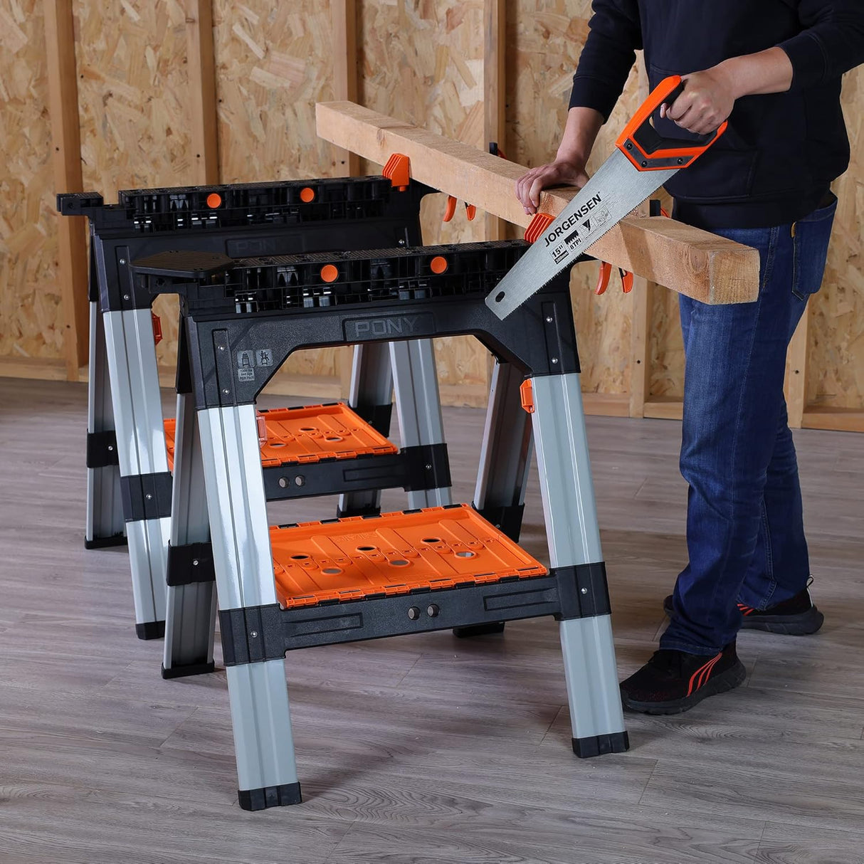 Pony Jorgensen 2-Piece Clamping Sawhorse with Clamps & Bench Dogs - Versatile and sturdy folding design for woodworking tasks