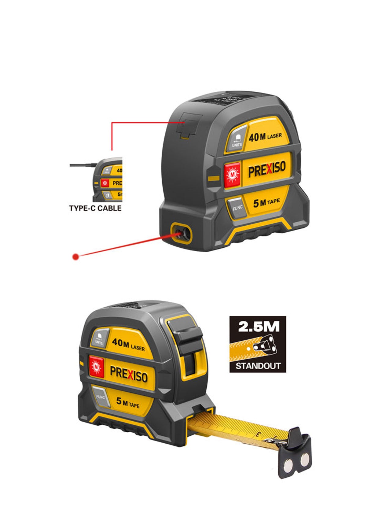 Prexiso 2-in-1 Laser & Tape Measure showing metric/imperial options and rechargeable feature