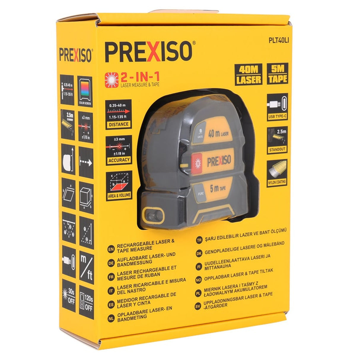 Prexiso 2-in-1 40m Laser & Tape Measure showing nylon coated tape blade and high accuracy laser beam