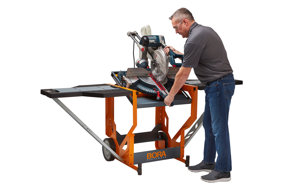 BORA Portacube STR Mitre Saw Workstation with Rotating Table extension wings fully extended in Australian woodworking store