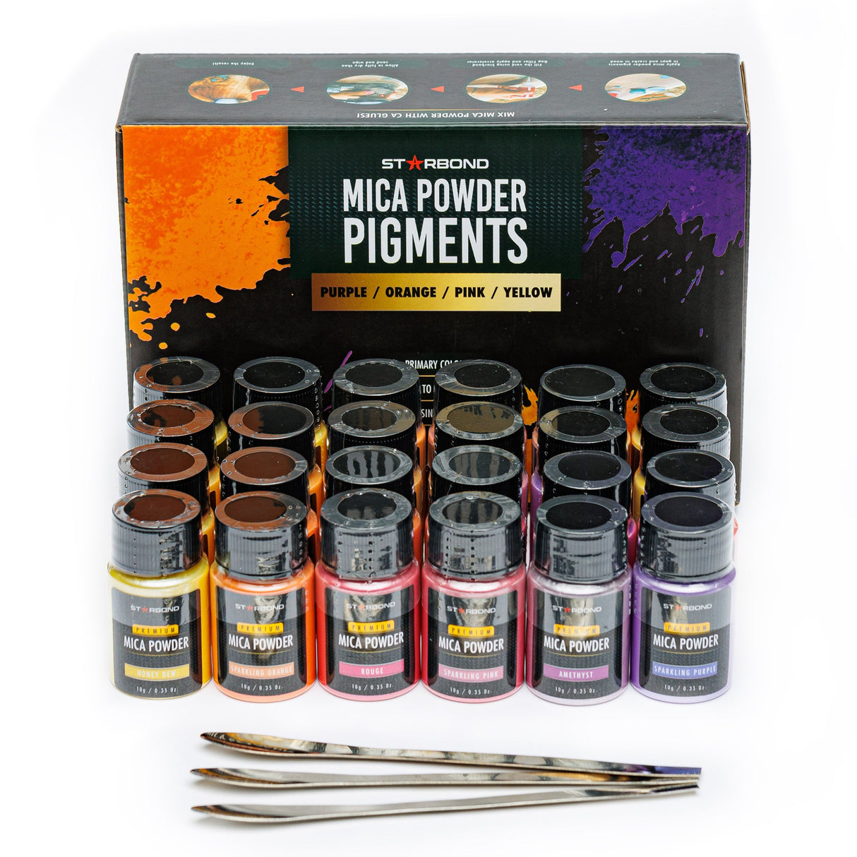 Vibrant 24-color POPY Mica Powder Pigment Set showcasing shades from violet to sparkling yellow