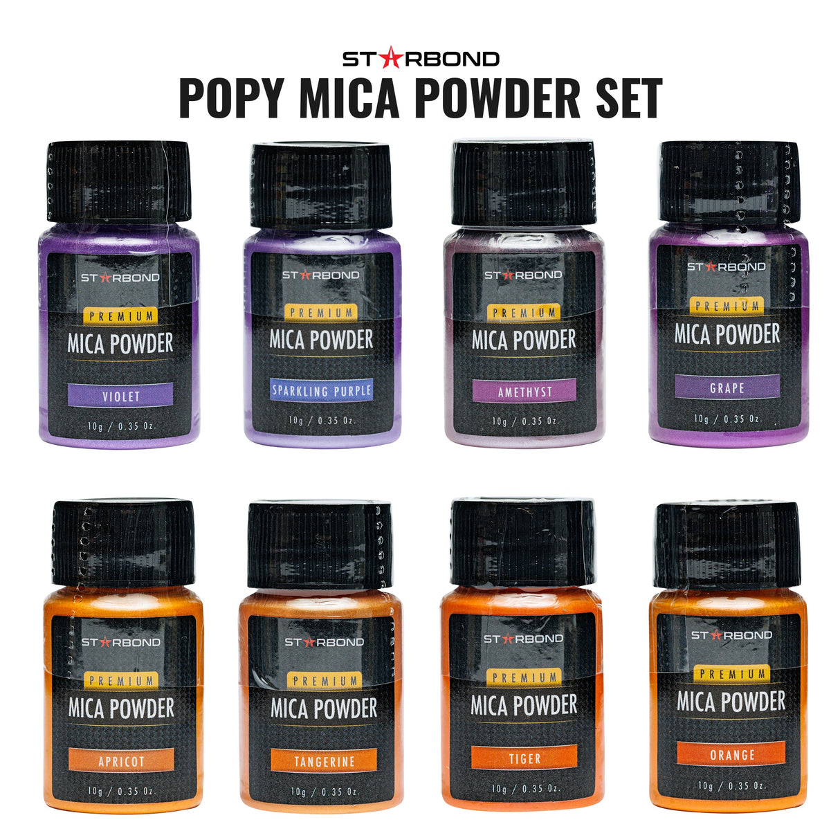 Starbond POPY Mica Powder Pigment Set of 24 Colours, angle showcasing vibrant Purple, Orange, Pink & Yellow shades