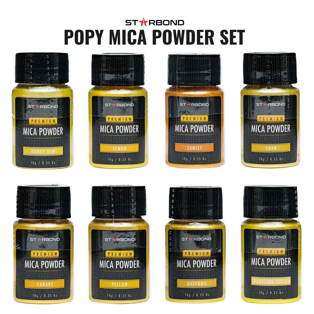 Vibrant 24-Color Starbond Mica Powders set showcasing sunset to twilight shades in Purple, Orange, Pink & Yellow hues