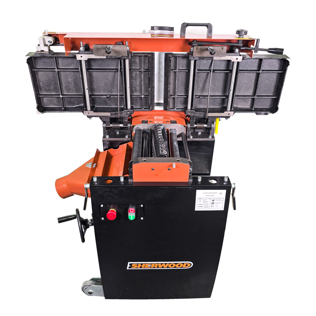 Sherwood 10in Combination Planer Thicknesser with Helical Spiral Cutterhead Carbide Knives in action cutting hardwood