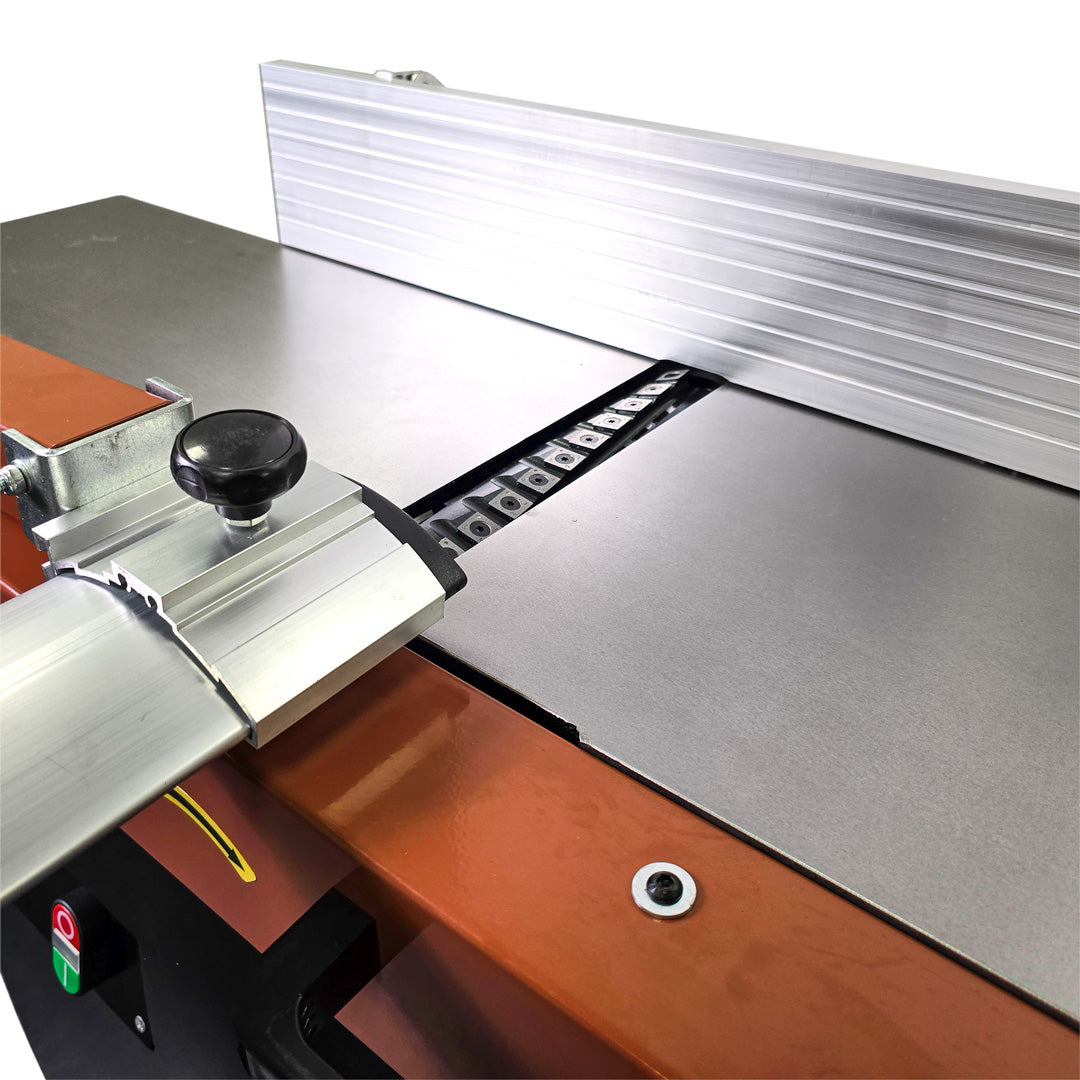 Sherwood 10in Combination Planer Thicknesser with Helical Spiral Cutterhead Carbide Knives 2200W 3HP in use on timber board
