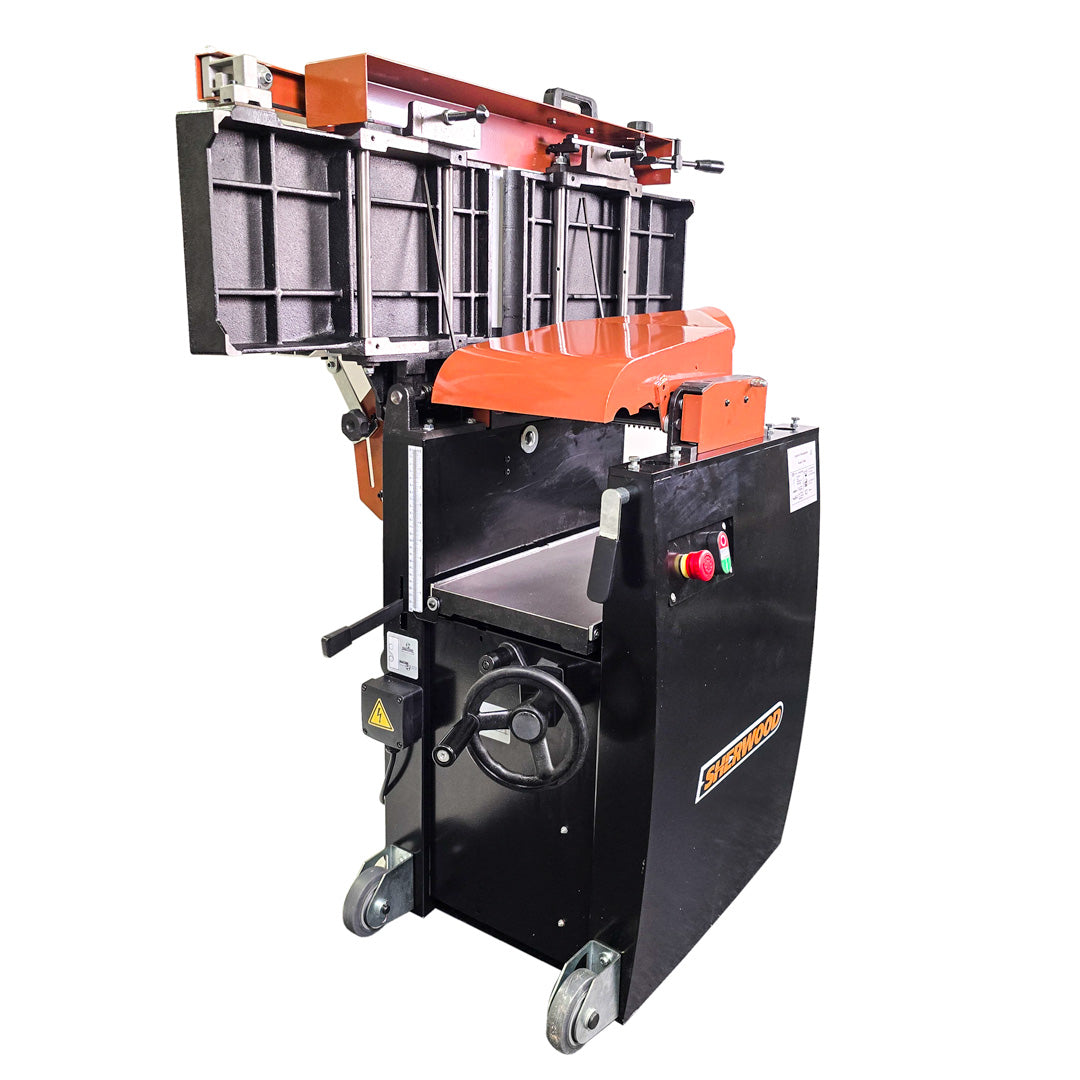 Sherwood 10in Planer Thicknesser with Helical Spiral Cutterhead, Carbide Knives - Side view showing compact design and carbide knives