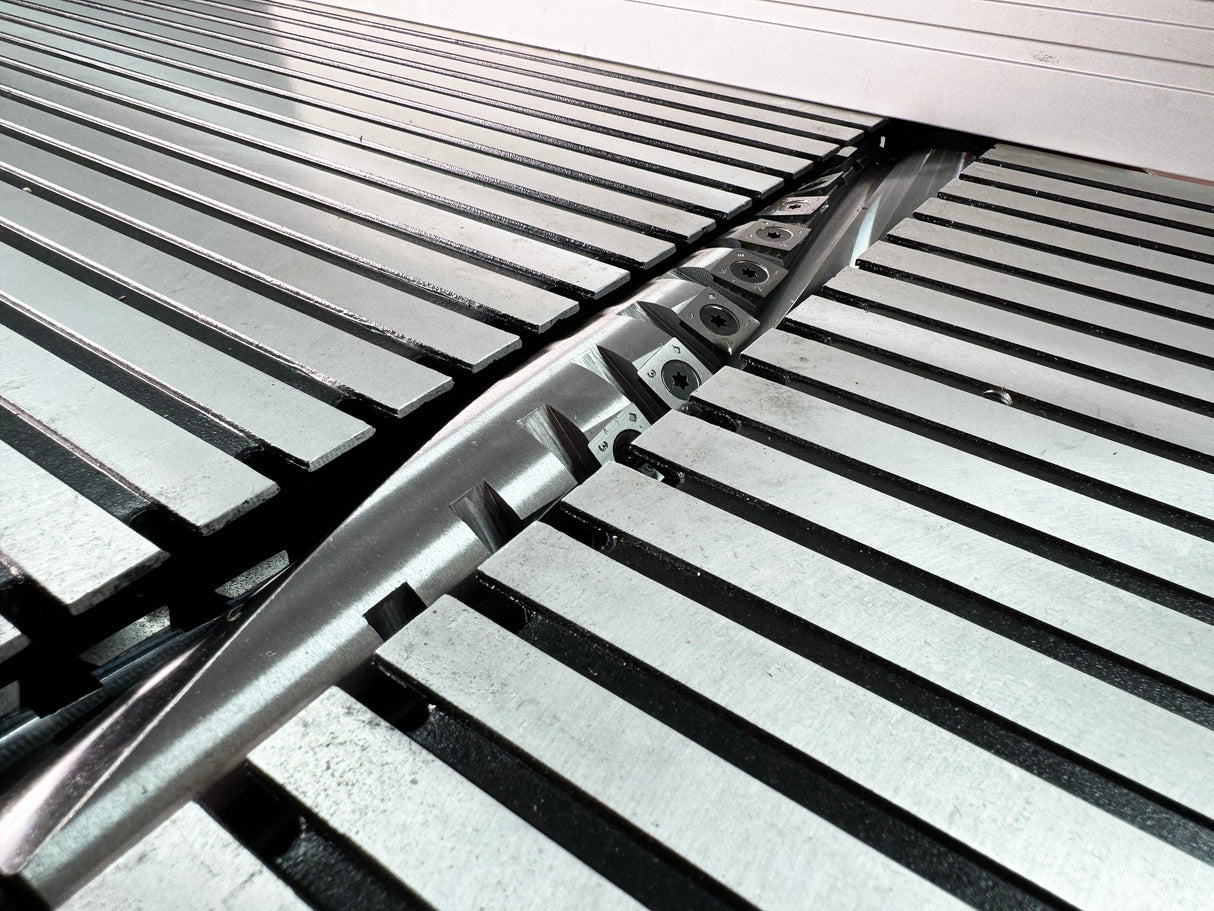 Sherwood 12in Benchtop Planer Thicknesser with Helical Cutterhead - Side View showing feed rollers and cutterhead