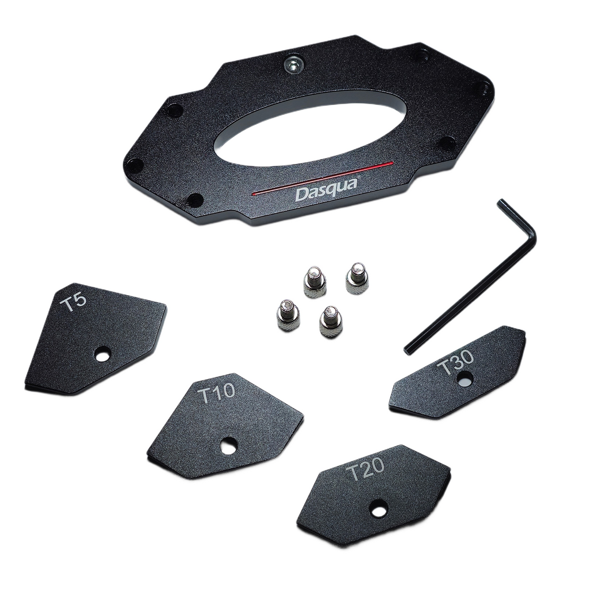 Dasqua Corner Chamfer Template Set of Six 5-40mm Router Jig, woodwork tool angled view