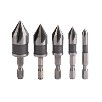 Fritzfurt Rose Head Countersink Bits Set of 5 HSS, premium HSS construction with five-flute design for smooth drilling and longer life. Sizes 1/4in to 3/4in
