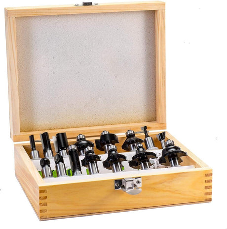 Torquata 15-Piece Mixed Router Bit Set in Storage Box on white background