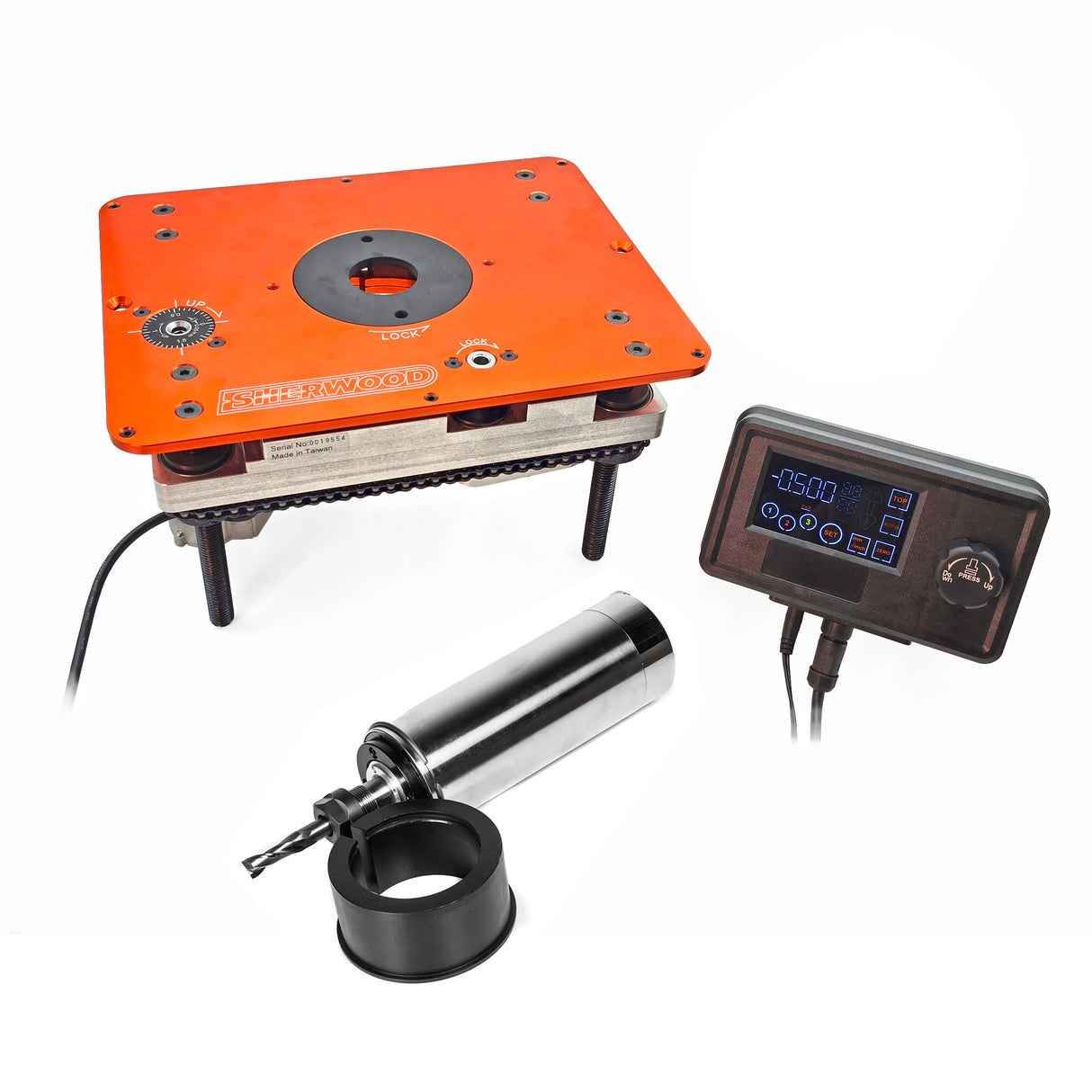 Sherwood Motorised DRO Router Lift & Mounting Plate with Water Cooled Motor on display