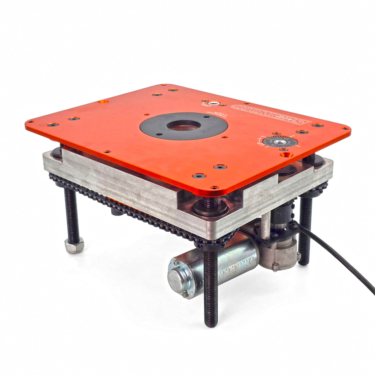 Sherwood Motorised DRO Router Lift & Mounting Plate with Round Body Router Motor 1800W in action