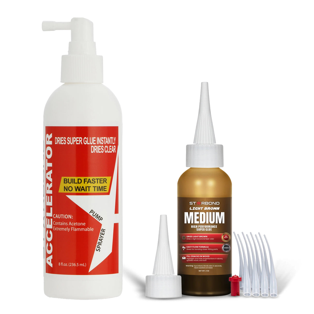 Starbond 2oz Light Brown Medium CA Super Glue and 8oz Pump Accelerator Bundle