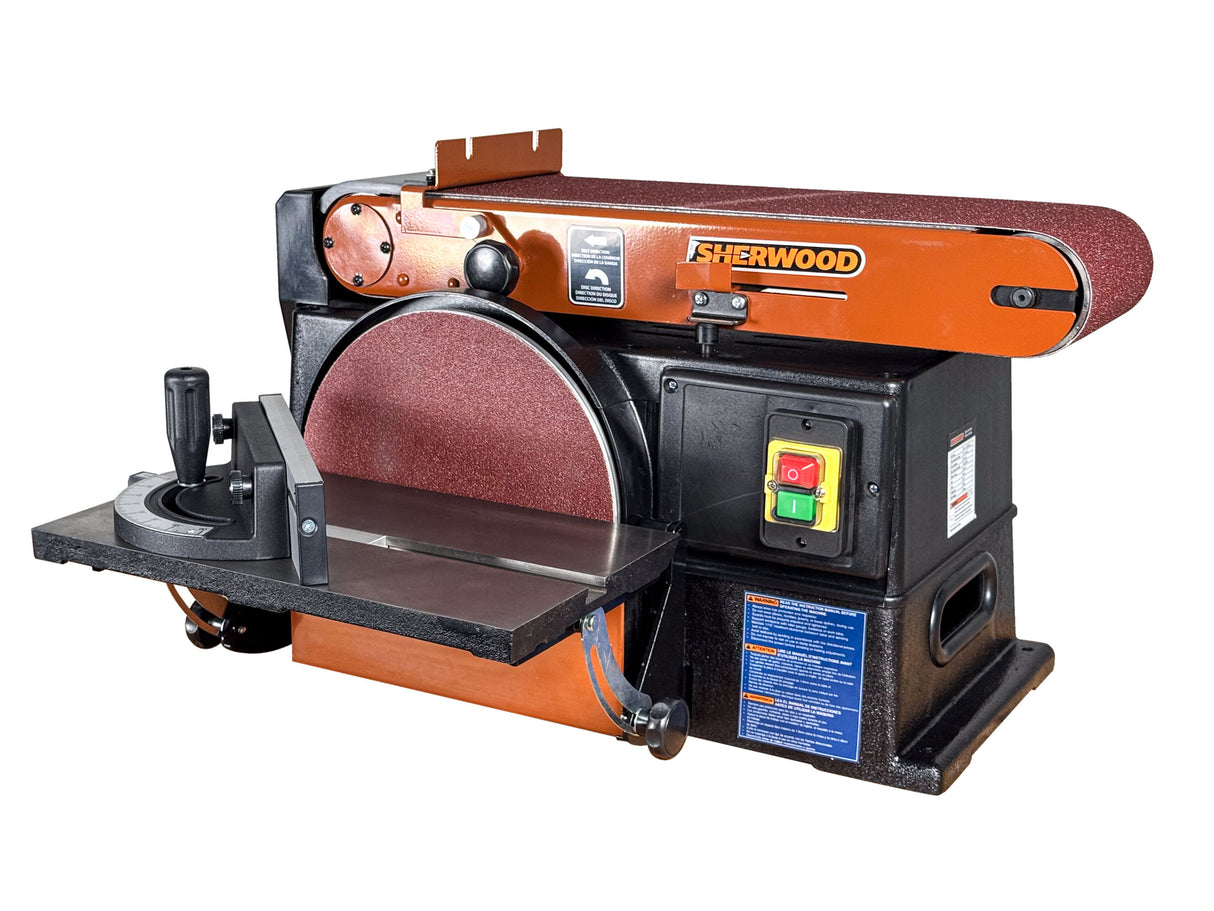 Sherwood 6 x 10in Benchtop Belt and Disc Sander 800W in action, sanding a wooden piece