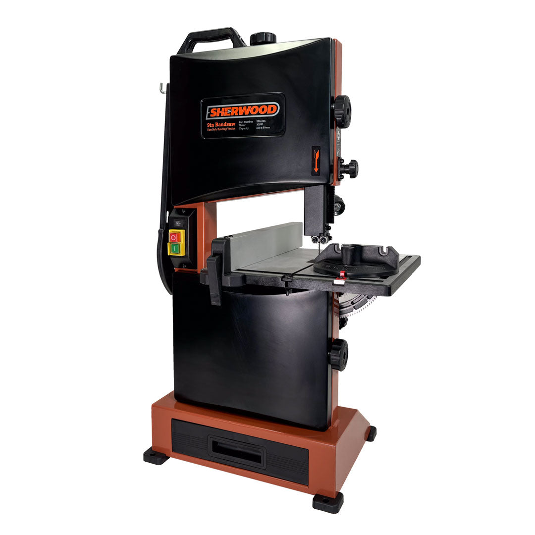 Sherwood 9in Benchtop Bandsaw 300W in action, ideal for small woodworking workshops and craft duties