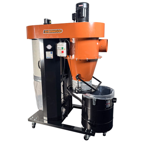 Sherwood 2HP Industrial Cyclone Dust Extractor with Two-Stage Collection and Automatic Filter Cleaner in action