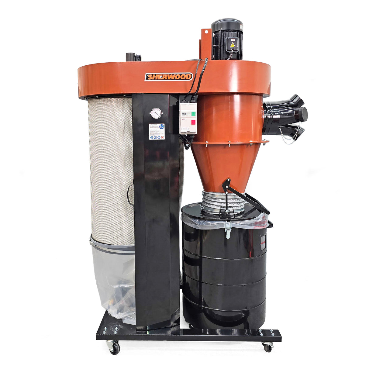 Industrial cyclone dust extractor Sherwood SCDC-5000-T with automatic filter cleaner, 5HP, for serious workshop dust control