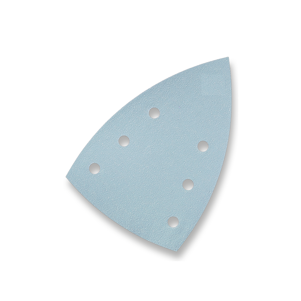 SIA Abrasives 1948 siaflex Delta Sanding Sheet 6-Hole 93 x 93mm Pack of 10 in use on woodworking surface