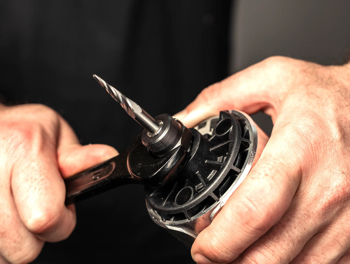 Australian Woodworking Tools Store: Shaper Tools 11 Degree Tapered Ball Nose CNC Router Bit 1/4in Shank, side view showcasing four-flute geometry