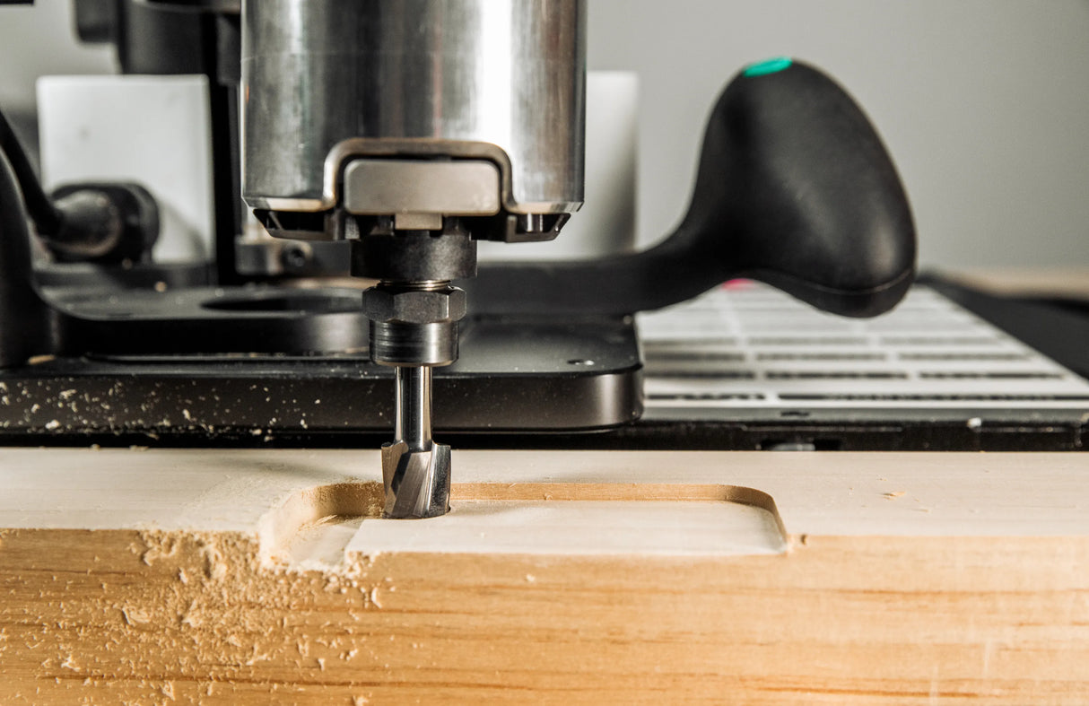 16mm x 6mm Clearing CNC Router Bit, 8mm Shank in action, ideal for speedy pocketing in woodworking projects