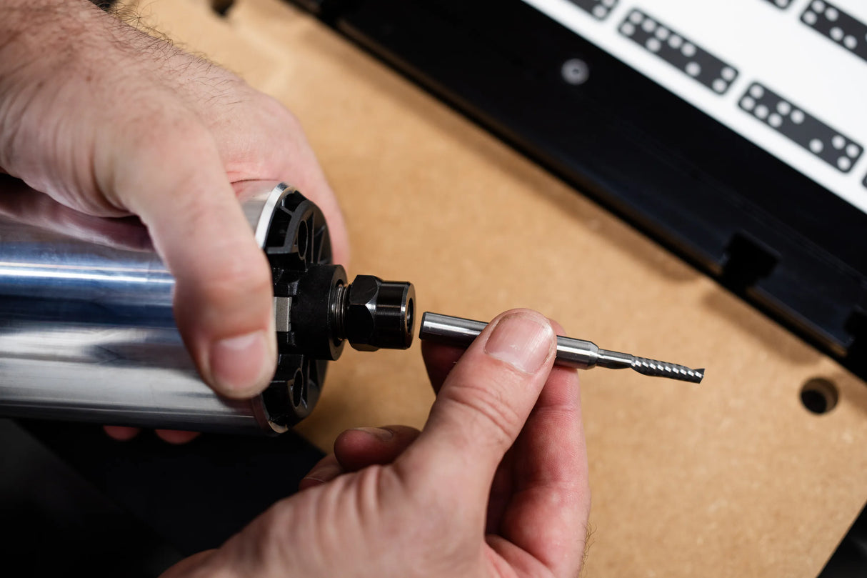 5mm x 20mm Up-Spiral O-Flute CNC Router Bit in action on dense hardwood, ensuring efficient profile cutting with confidence