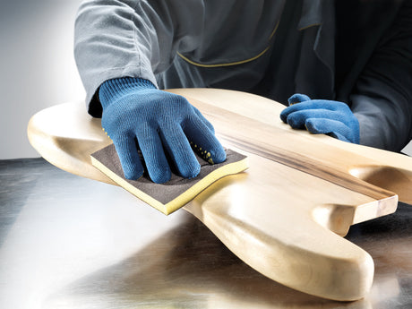 SIA Abrasives 7983 siasponge flex Abrasive Foam Pad 98 x 120 x 13mm in use on wood surface