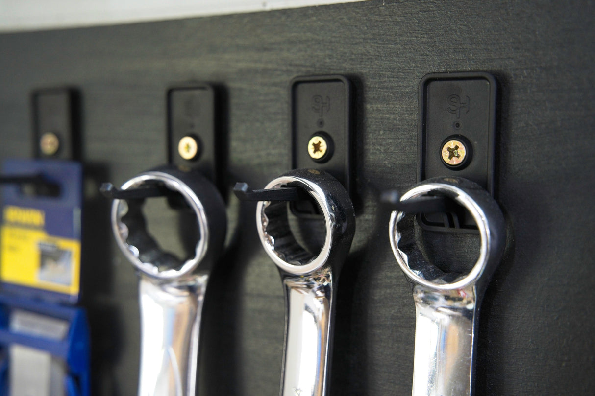 Black Superhooks Starter Bundle 15-Piece Set for Modular Tool Wall - angled view of highly functional reinforced hooks