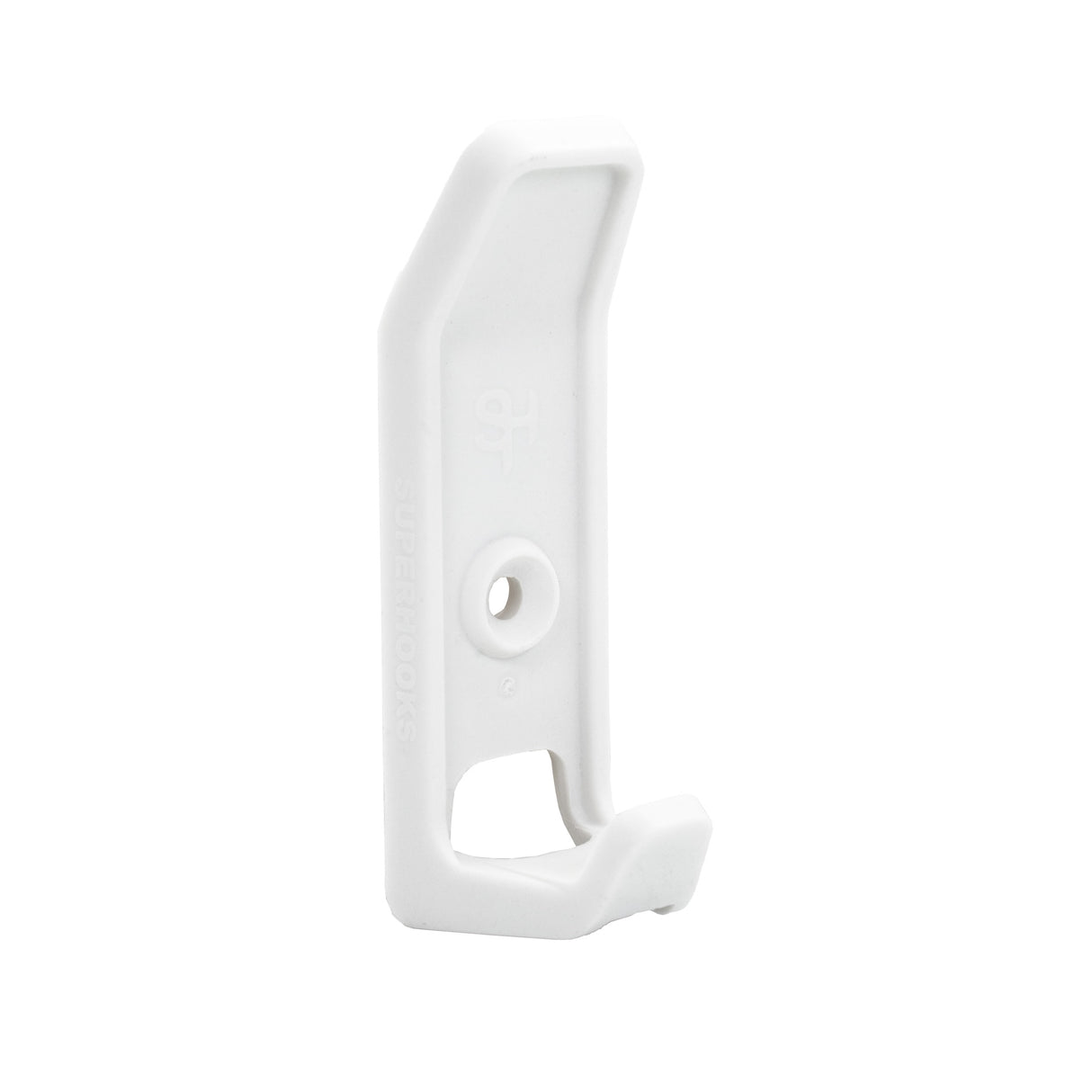 White double hook for tools and accessories. Angled top and through slot for easy hanging. A versatile storage solution