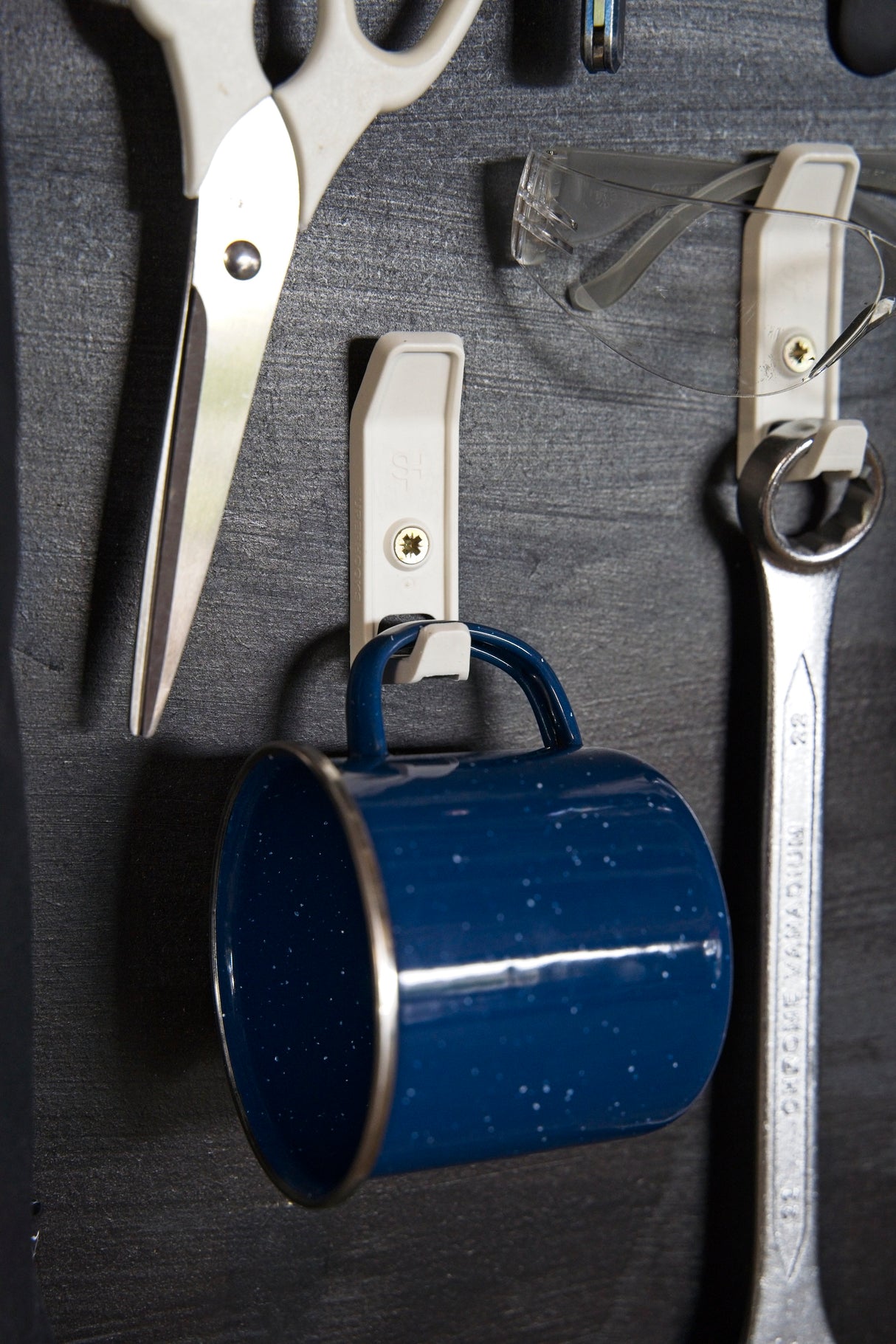 Superhooks Everyday Hook White 3 Pack 5kg Capacity, angled top and through slot for hanging items, in Australian woodworking tools store