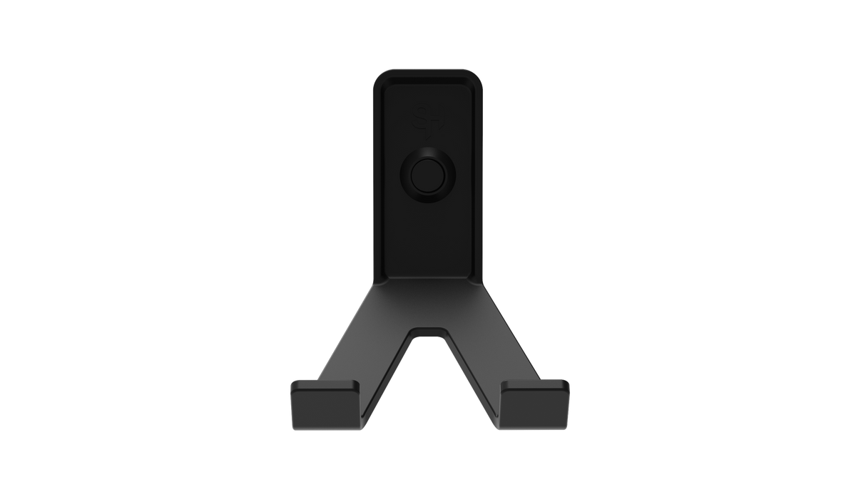 Superhooks Tech Hook Black 3 Pack angled view showcasing reinforced twin arms and sloped prongs for holding phone and cables