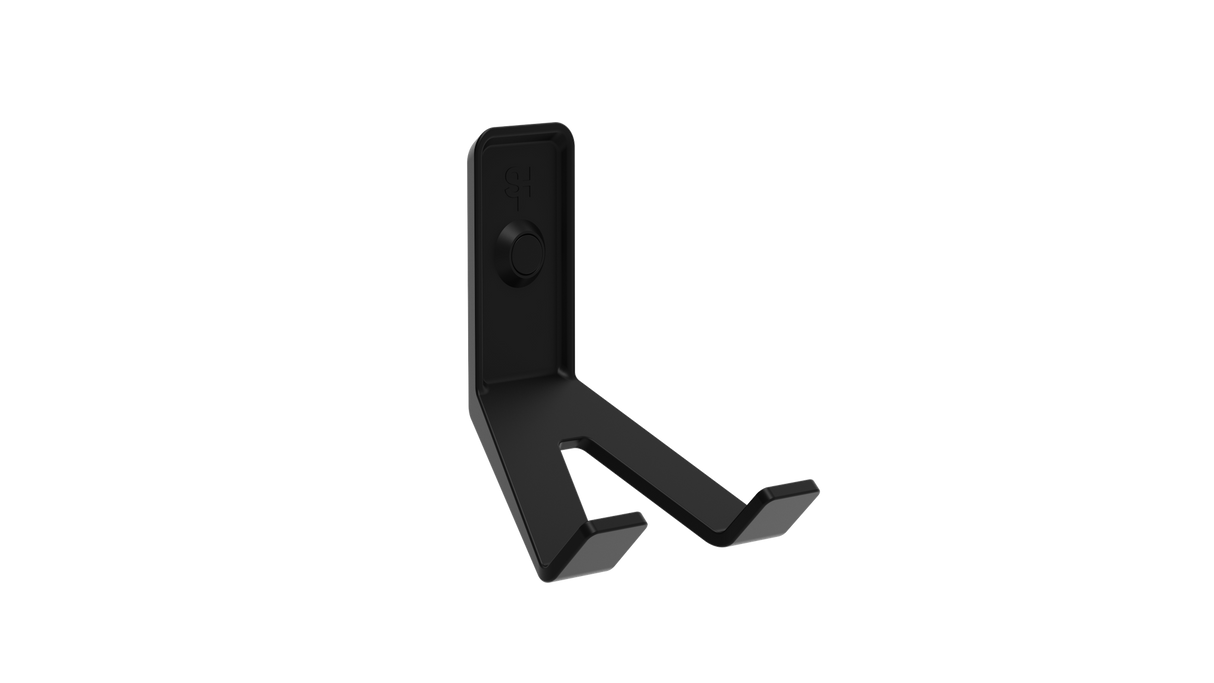 Superhooks Tech Hook Black 3 Pack angled view showcasing reinforced twin arms and sloped prongs for holding tech items