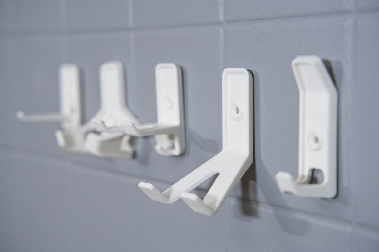 Tech Hook White 3 Pack with Reinforced Twin Arms and Sloped Prongs, ideal for holding cables, phone, or tools