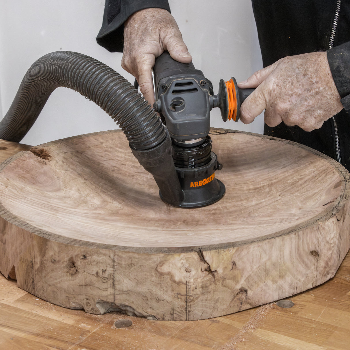 Arbortech SpheroPlane angle grinder attachment carving wooden sphere bowl