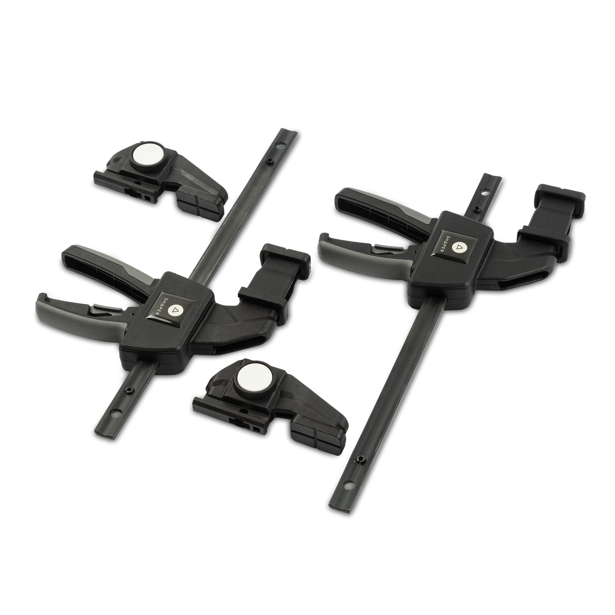 Shaper Tools Set of 2 Reversible Clamps 150mm for Shaper Origin Workstation, showing innovative button-reversible clamping feature
