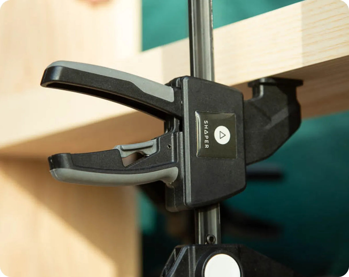 Shaper Tools Set 150mm Reversible Clamps for Shaper Origin Workstation - Angle view of two versatile clamps in action